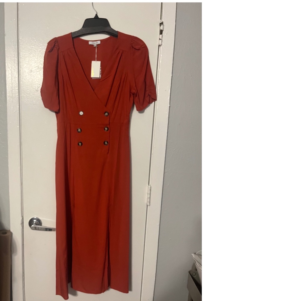 Avenue Zoe Women Rust Double Breasted V-Neck Midi Dress 54R0011G Small NEW
